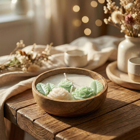 Aroma Double Color Wax Flower Candle 130g - Acacia Wood Bowl 2 Wick