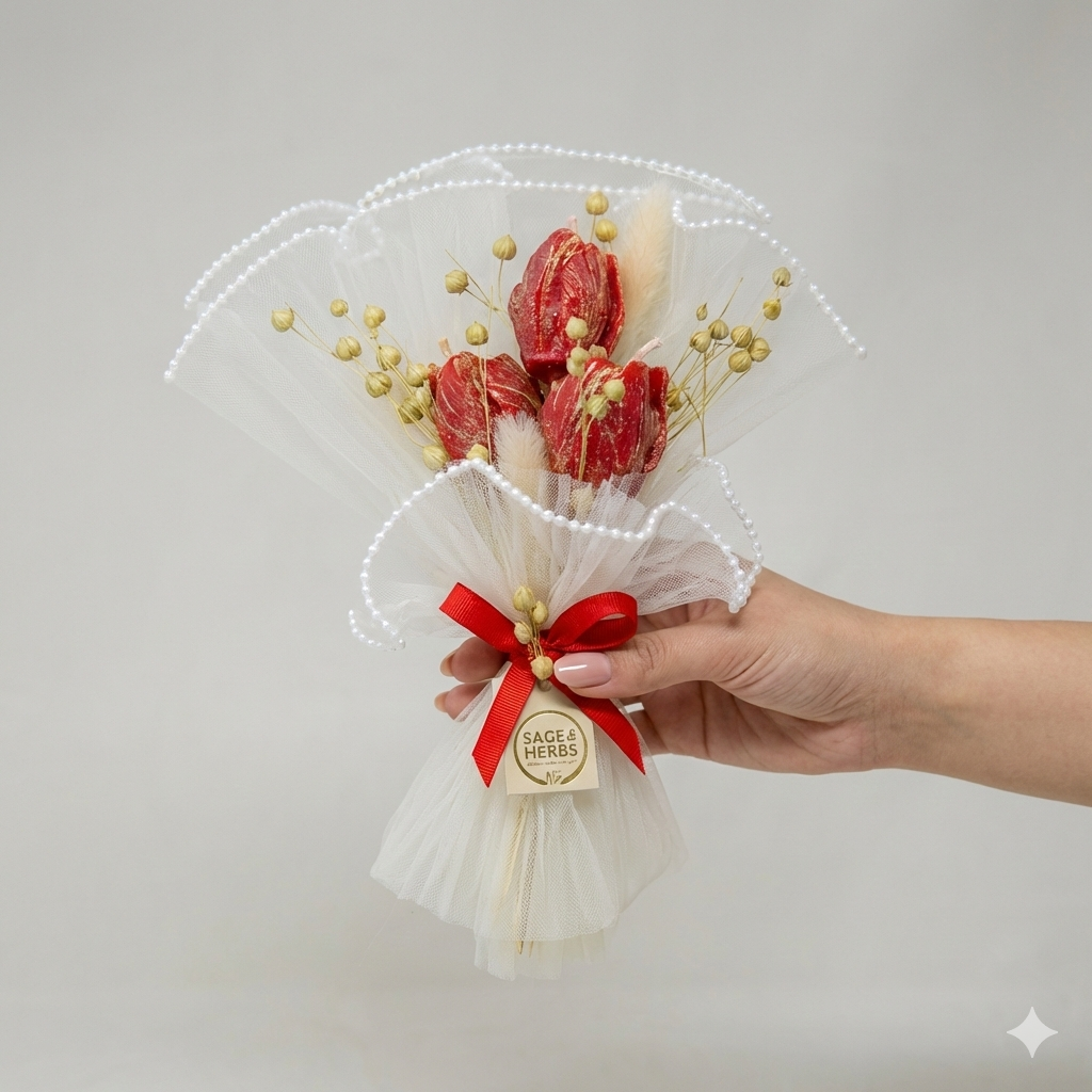 Scarlet Whisper Bloom – Handcrafted Floral Candle Bouquet by Sage & Herbs