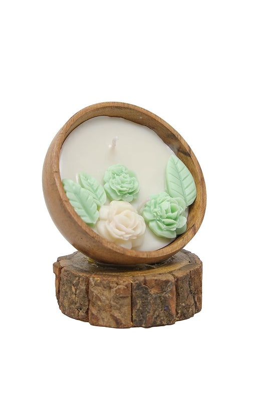 Aroma Double Color Wax Flower Candle 130g - Acacia Wood Bowl 2 Wick