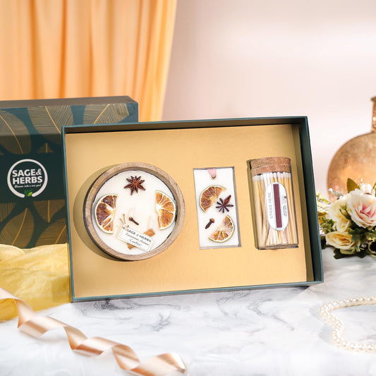 Nature’s Hug Gift Hamper – Wood Bowl Aroma Candle & Wax Sachet by Sage & Herbs