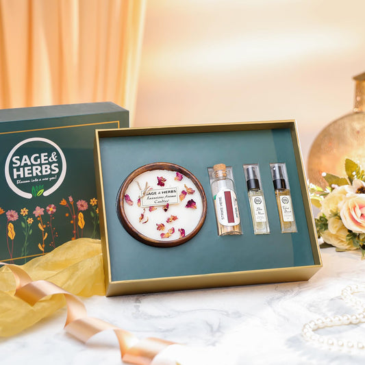 Timeless Fragrance Set – Premium Gift Hamper with Wood Bowl Aroma Candle & Handmade Perfumes by Sage & Herbs