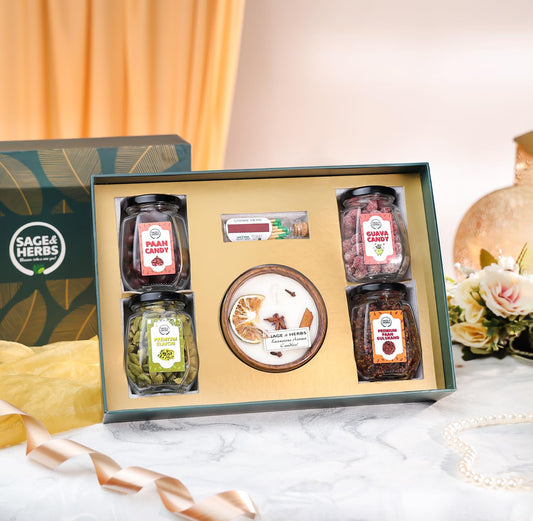 Candy Glow Delight Gift Hamper – Premium Snack & Aroma Hamper Box by Sage & Herbs
