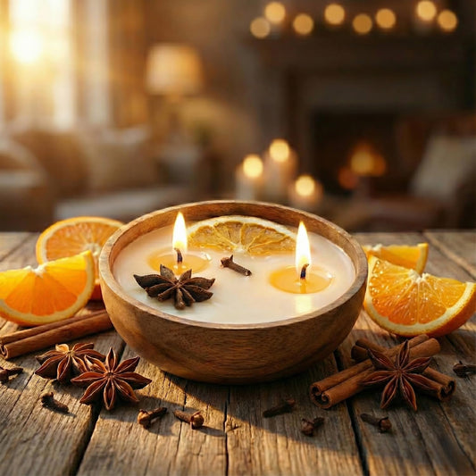 Aroma Spice Candle with Orange, Star Anise, Cinnamon & Cloves in Acacia Wood Bowl by Sage & Herbs