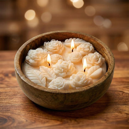 Aroma Soothing White Wax Flowers Candle (230g) in Mango Wood Bowl by Sage & Herbs