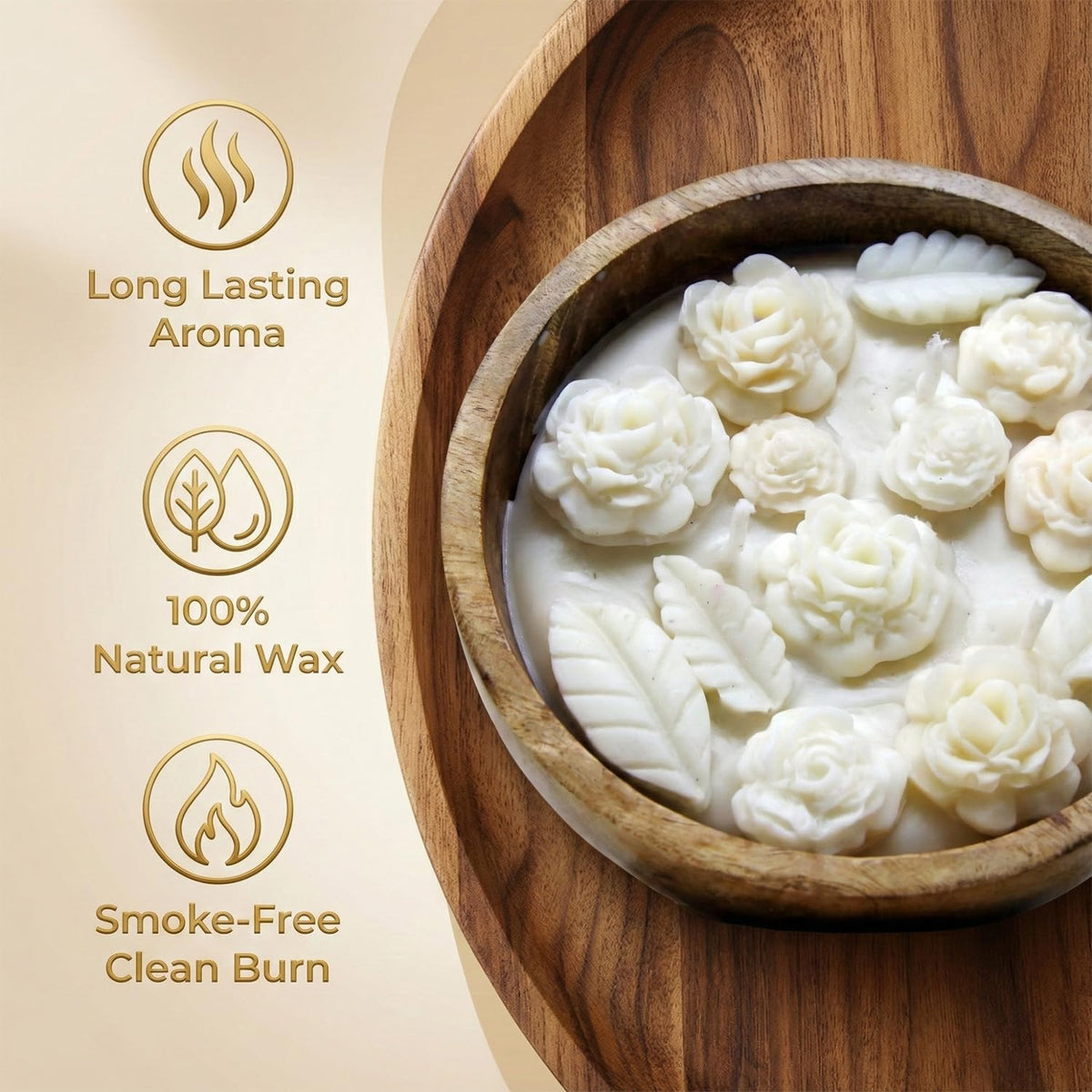 Aroma Soothing White Wax Flowers Candle (230g) in Mango Wood Bowl – view 2
