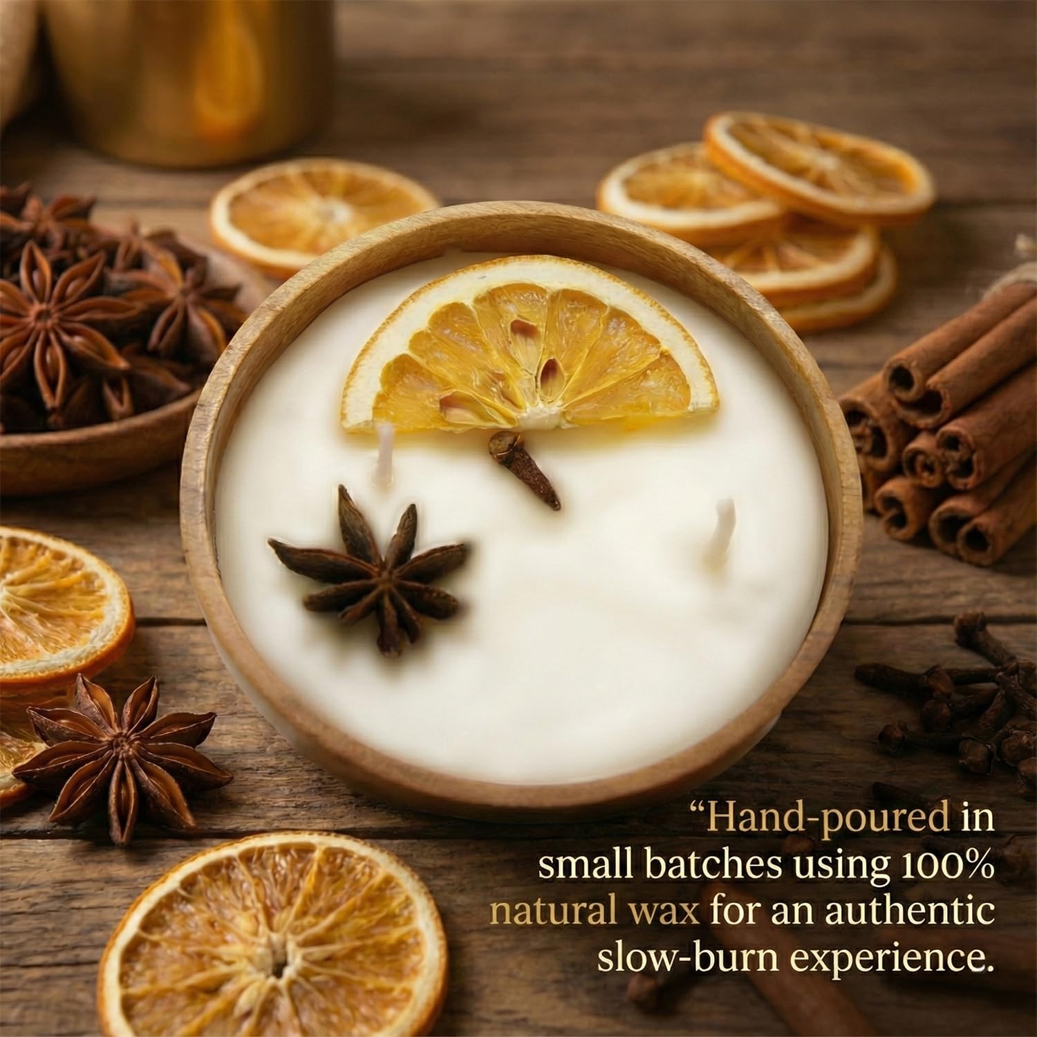 Aroma Spice Candle 120g with Orange Star Anise Cinnamon Cloves in Acacia Wood Bowl - 2 Wick (Medium)