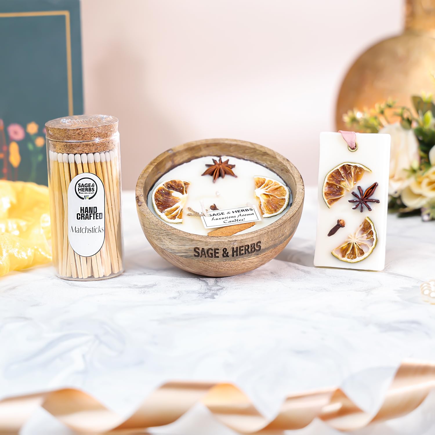 Nature’s Hug Gift Hamper – Wood Bowl Aroma Candle & Wax Sachet
