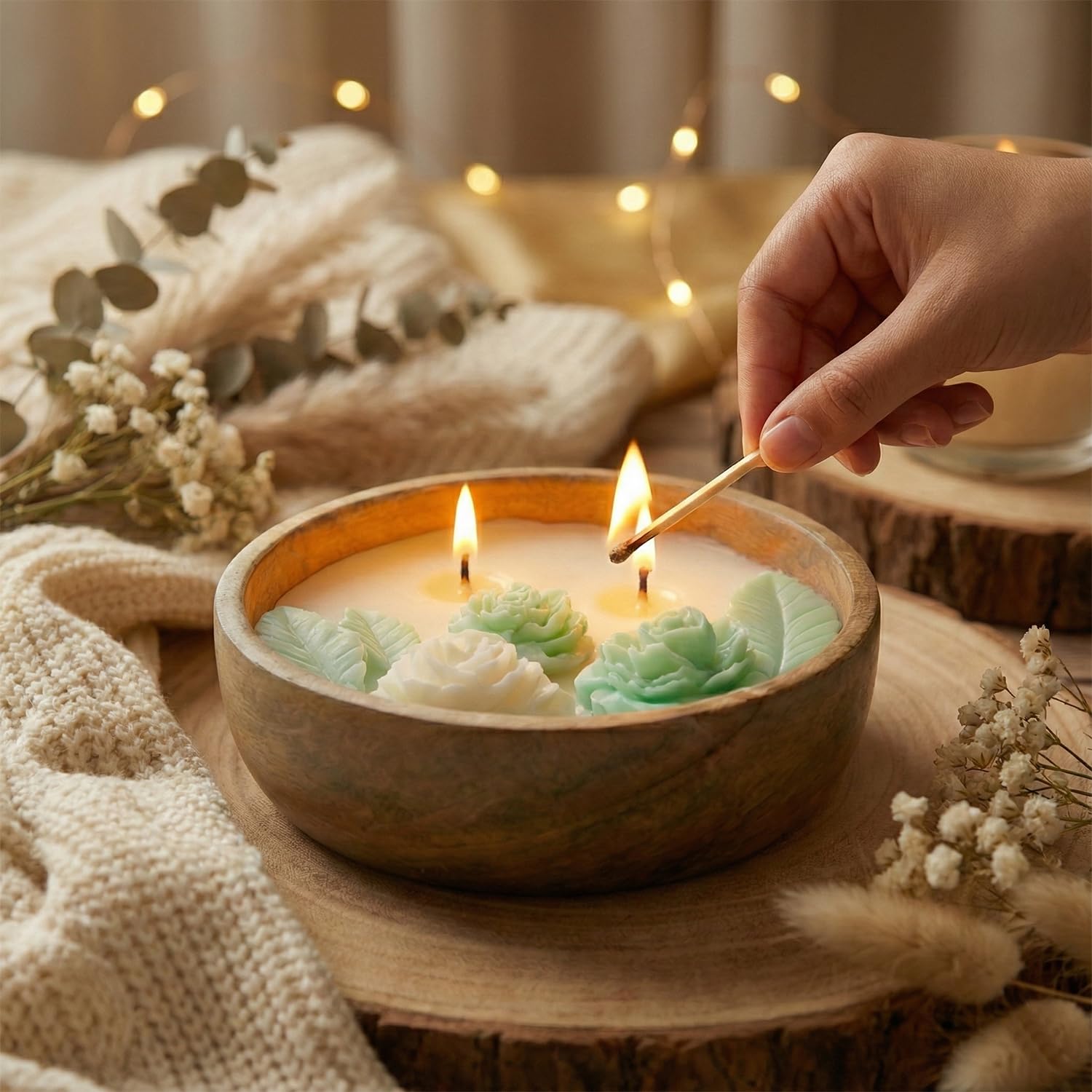 Aroma Double Color Wax Flower Candle 130g - Acacia Wood Bowl 2 Wick