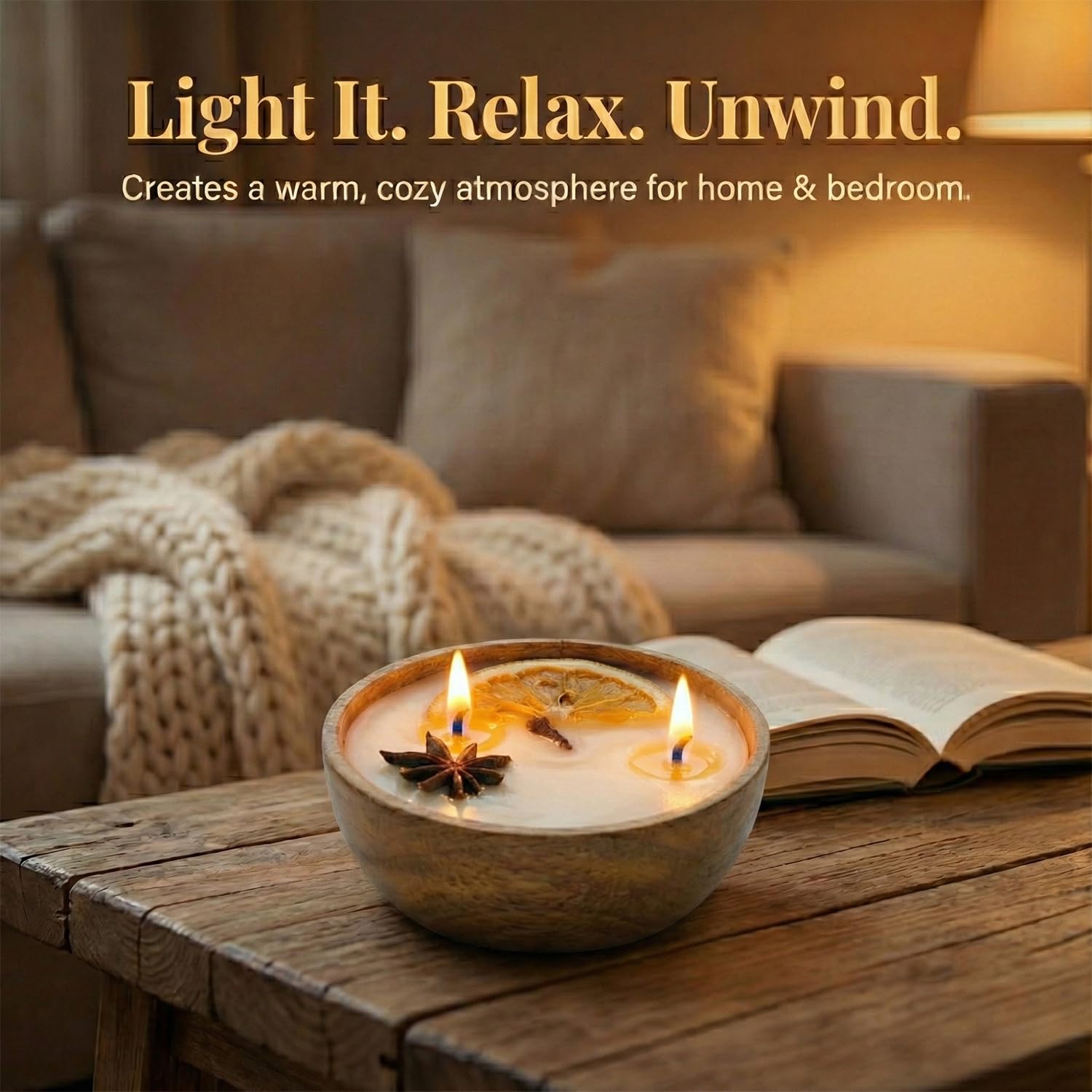 Aroma Spice Candle 120g with Orange Star Anise Cinnamon Cloves in Acacia Wood Bowl - 2 Wick (Medium)