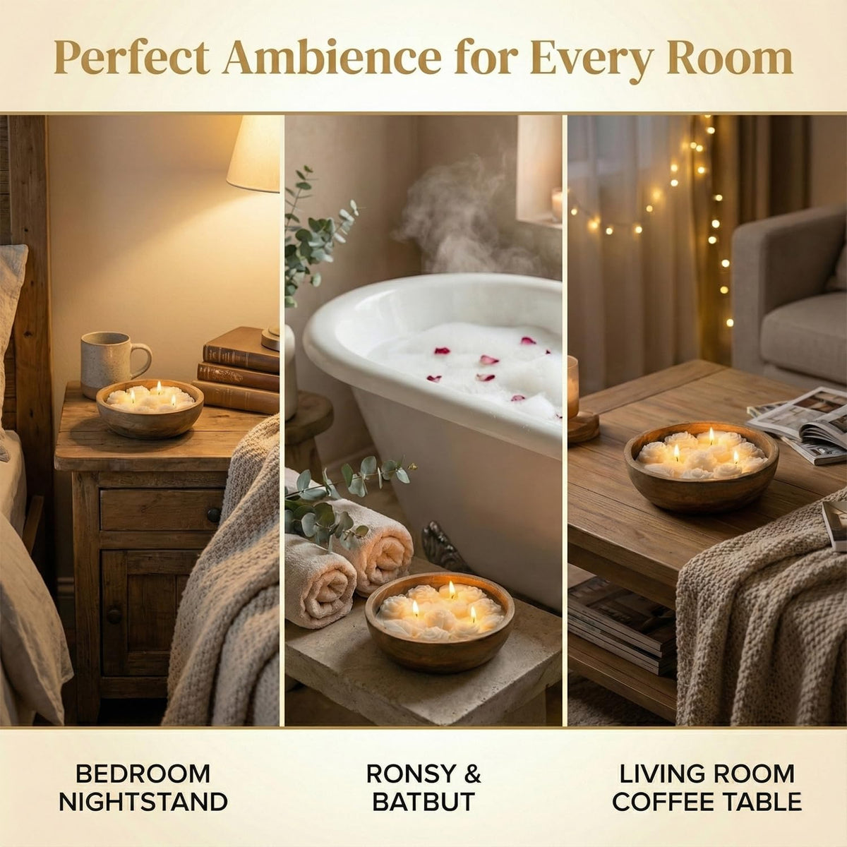 Aroma Soothing White Wax Flowers Candle (230g) in Mango Wood Bowl – view 3