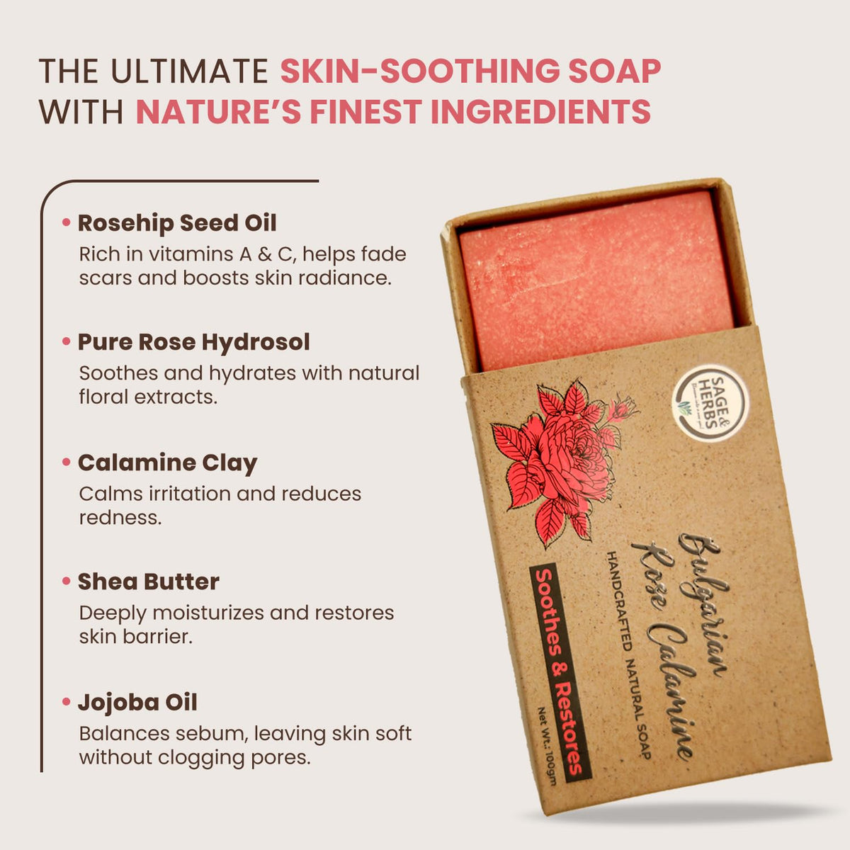 Natural Bulgarian Rose Calamine Soap — Soothing & Gentle Cleansing Bar – view 4