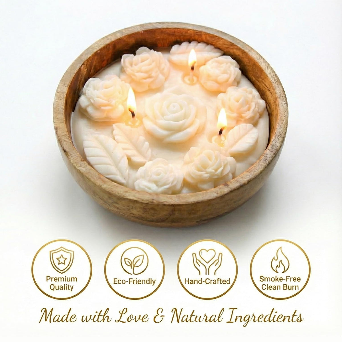 Aroma Soothing White Wax Flowers Candle (230g) in Mango Wood Bowl – view 4