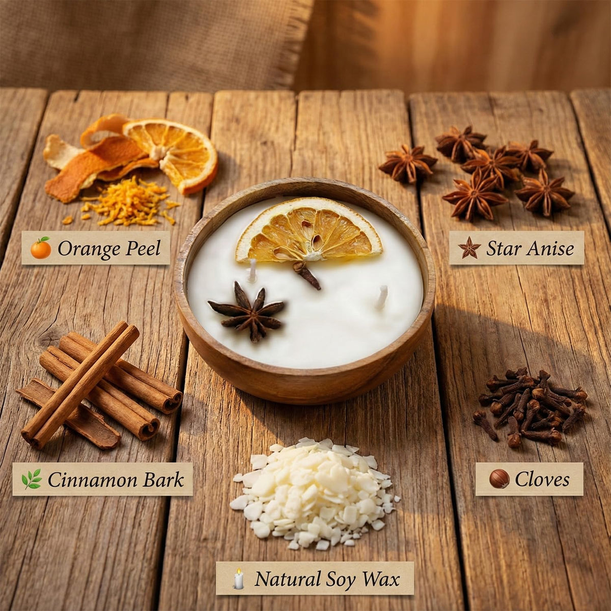 Aroma Spice Candle with Orange, Star Anise, Cinnamon & Cloves in Acacia Wood Bowl – view 4