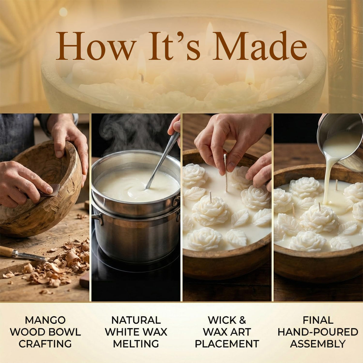 Aroma Soothing White Wax Flowers Candle (230g) in Mango Wood Bowl – view 5