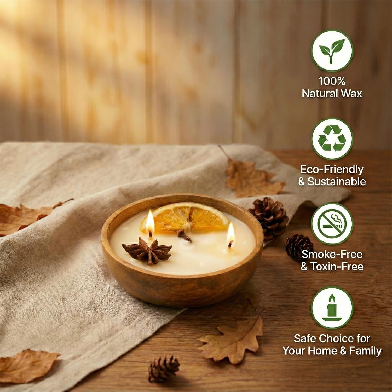 Aroma Spice Candle 120g with Orange Star Anise Cinnamon Cloves in Acacia Wood Bowl - 2 Wick (Medium)