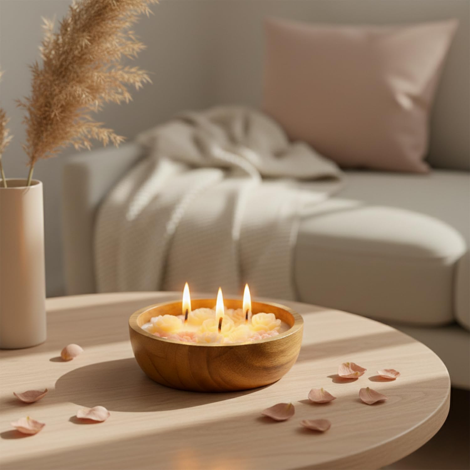 Aroma Pink Flower Aroma Candle 230g in Mango Wood Bowl - 3 Wick