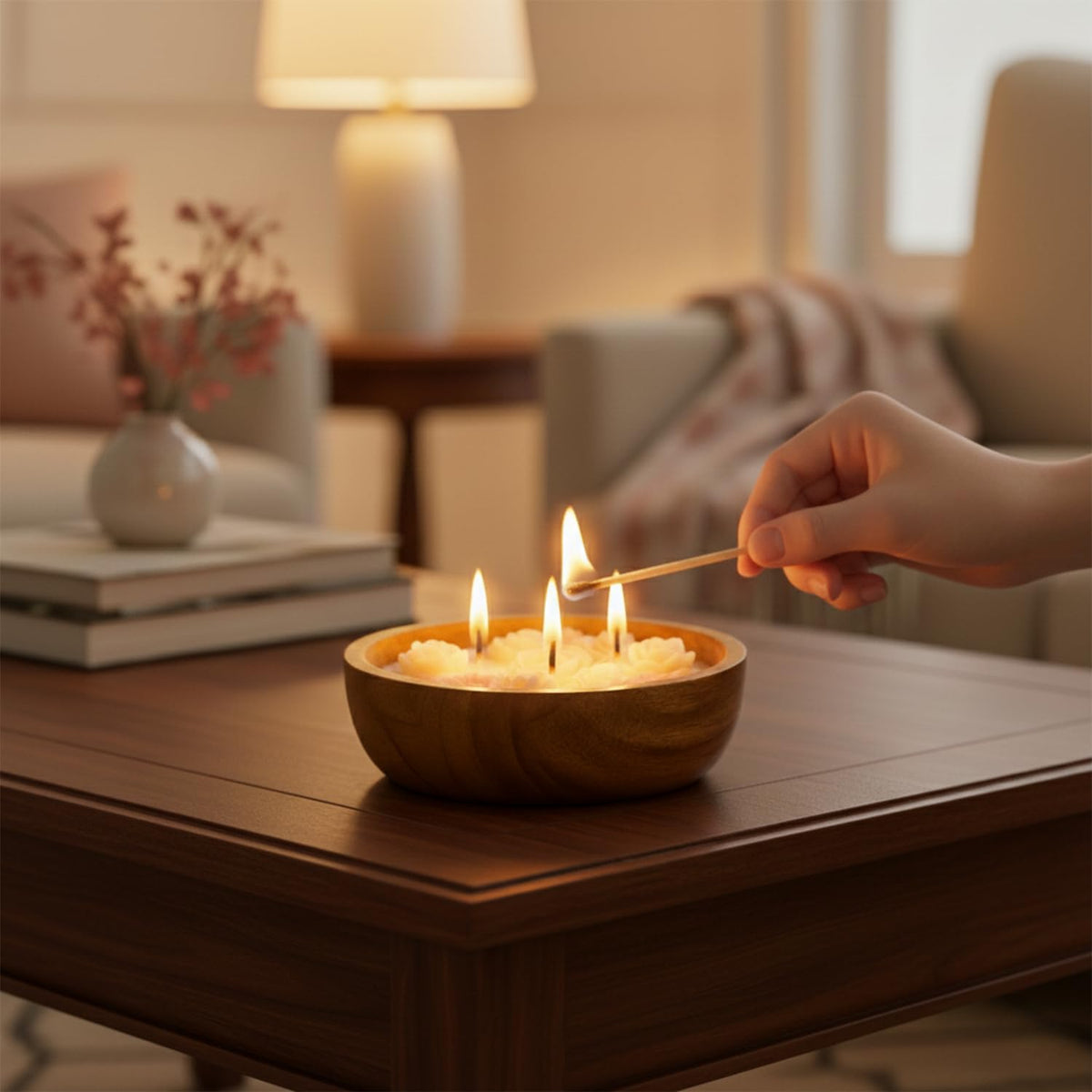 Aroma Pink Flower Aroma Candle 230g in Mango Wood Bowl - 3 Wick