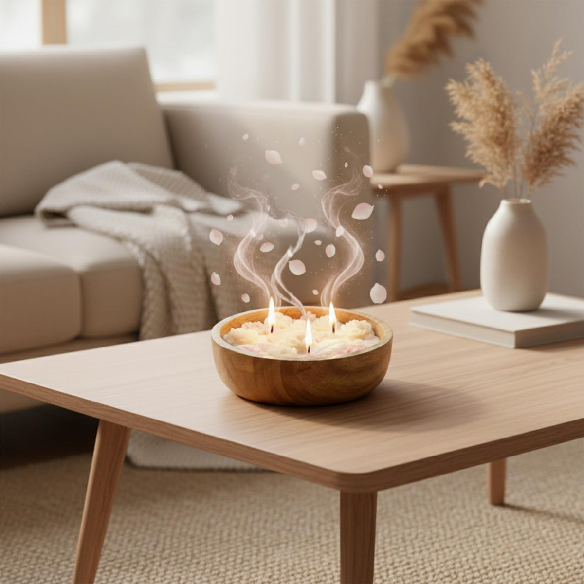 Aroma Pink Flower Aroma Candle 230g in Mango Wood Bowl - 3 Wick – view 3