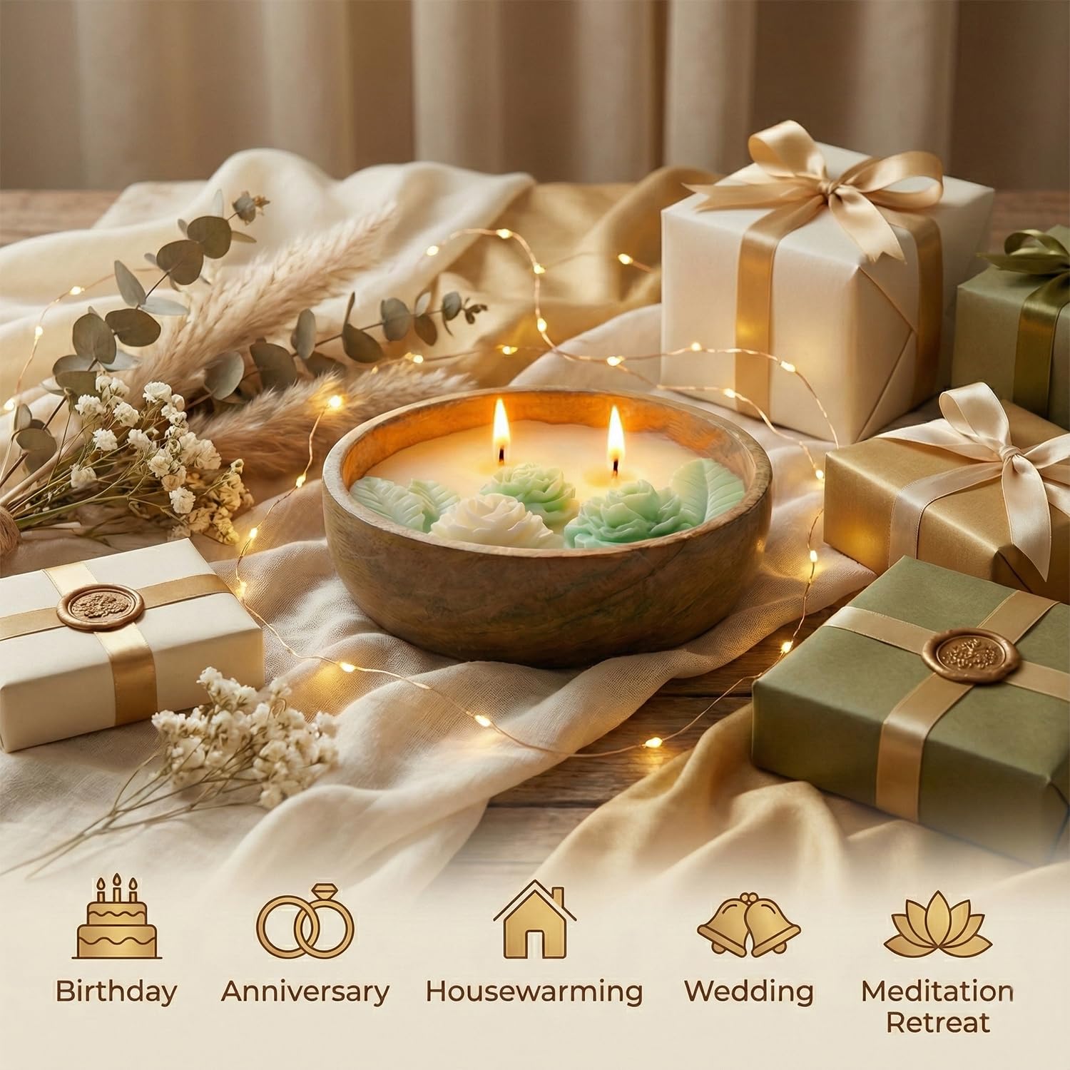 Aroma Double Color Wax Flower Candle 130g - Acacia Wood Bowl 2 Wick