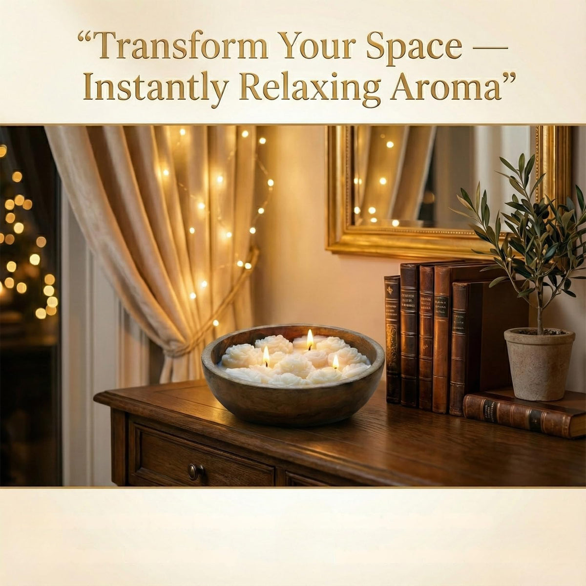 Aroma Soothing White Wax Flowers Candle (230g) in Mango Wood Bowl – view 6