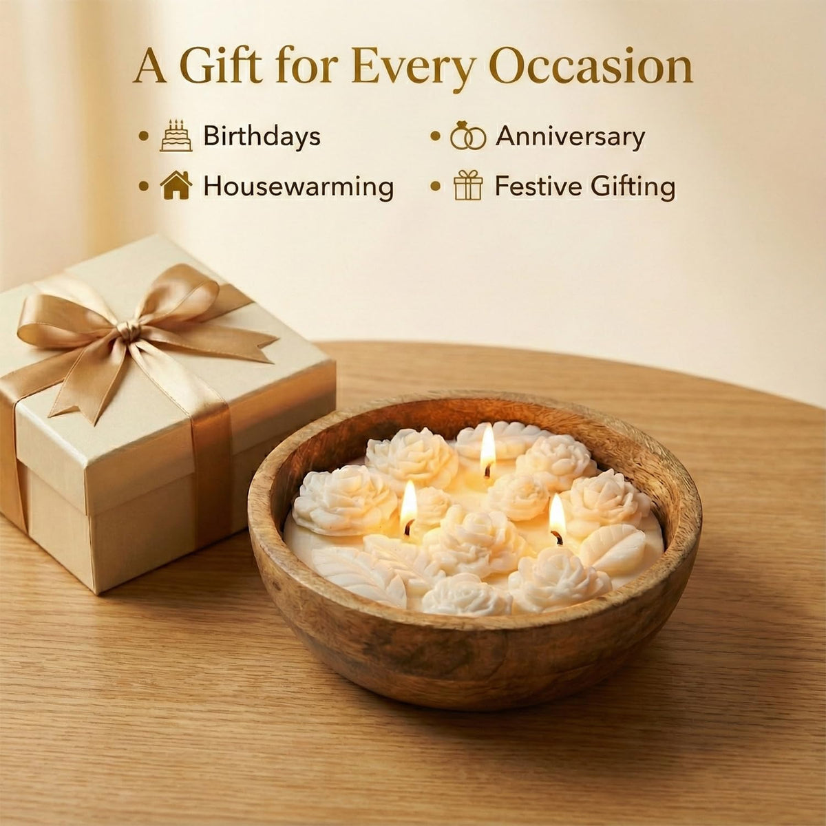 Aroma Soothing White Wax Flowers Candle (230g) in Mango Wood Bowl – view 7