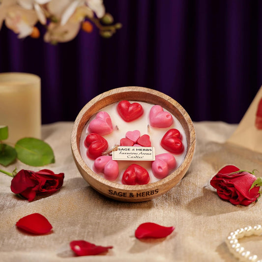 Hearts Wood Bowl Candle – Romantic Candle for Valentines, Birthdays & Anniversaries by Sage & Herbs