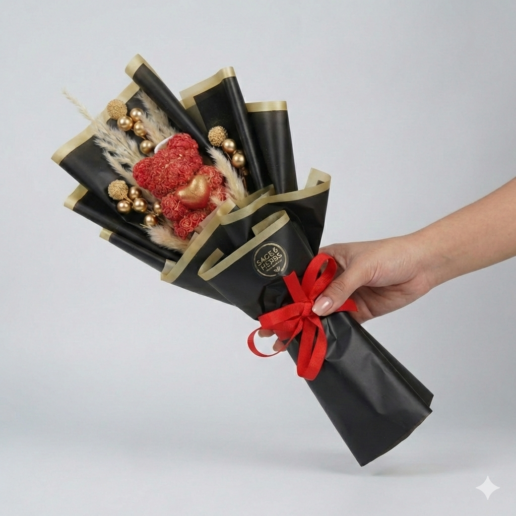 Crimson Amour Teddy – Luxury Handcrafted Candle Bouquet by Sage & Herbs