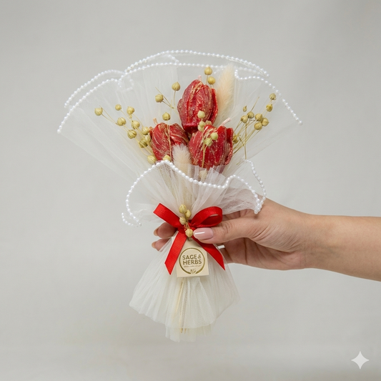 Scarlet Whisper Bloom – Handcrafted Floral Candle Bouquet by Sage & Herbs