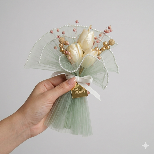 Ivory Sage Tulip Whisper – Handcrafted Floral Candle Bouquet