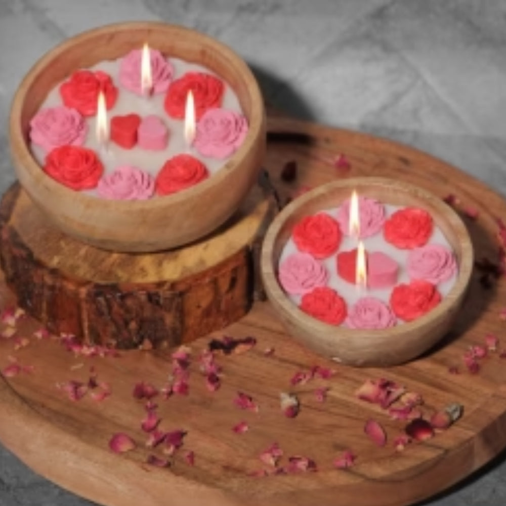 Wood Bowl Valentine’s Flower Candle – Romantic Eco Soy Candle