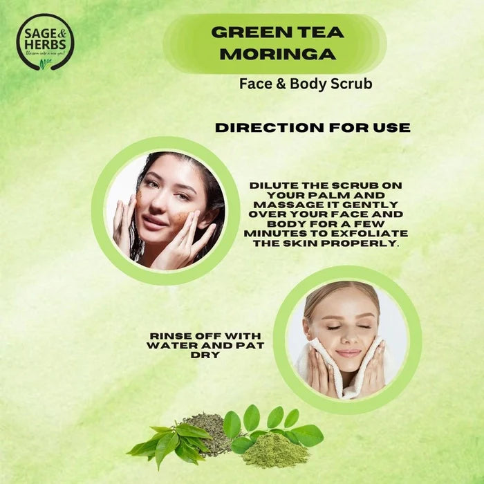 Green Tea Moringa Face & Body Scrub - Antioxidant Detox & Exfoliation